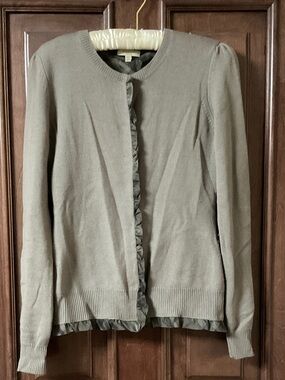 Burberry Olive Green Ruffled-Trim Button-Up Crewneck Cardigan